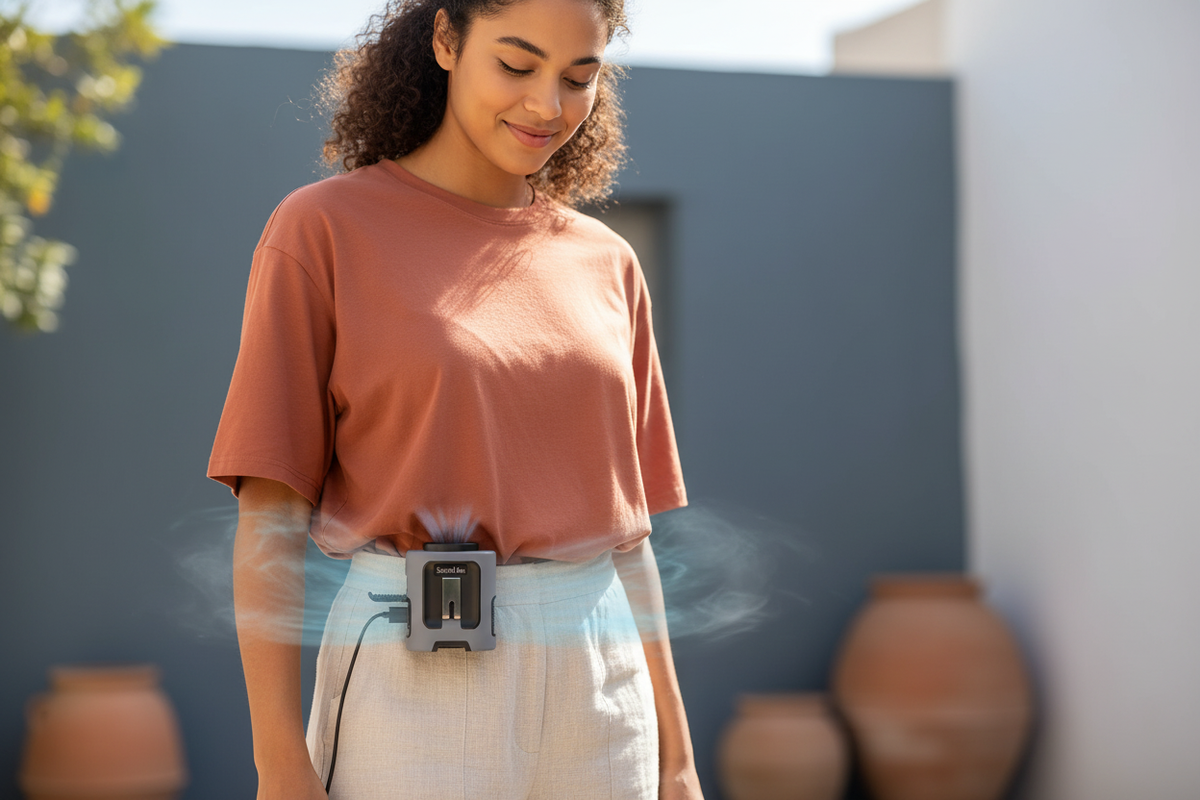 A person outdoors wearing a Socool Portable Waist Fan Power Bank clipped to their waist, with a warm-toned background.